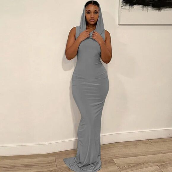 PHILLY'S TREASURE WOMEN SILVER GRAY HOODED SLEEVELESS SLIM DRESS - Picture 1 of 1